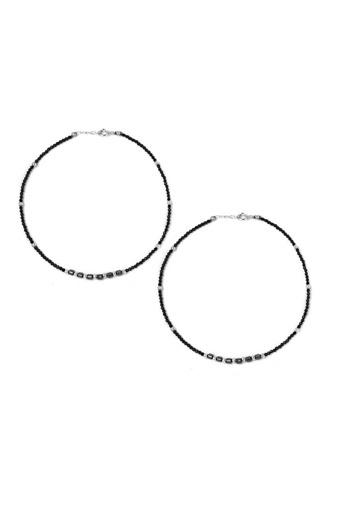 Silberry 925 Sterling Silver Gentle Black Beads Pair Of Anklets : MSA14