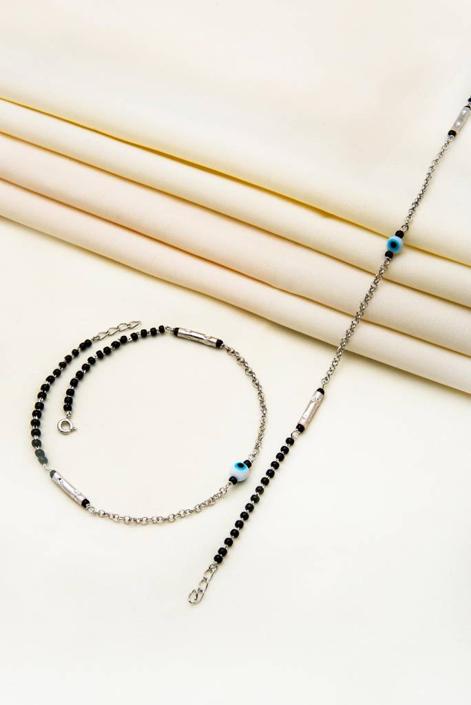 Silberry 925 Sterling Silver Ethereal Evil Eye Black Beads Pair Of Anklets : MSA22