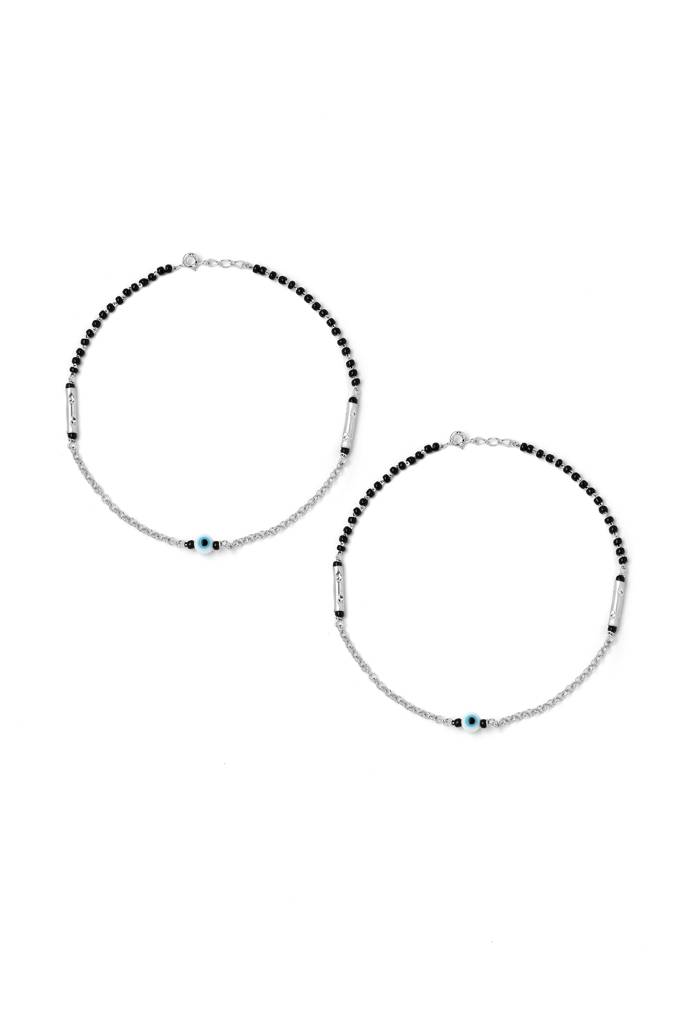 Silberry 925 Sterling Silver Ethereal Evil Eye Black Beads Pair Of Anklets : MSA22
