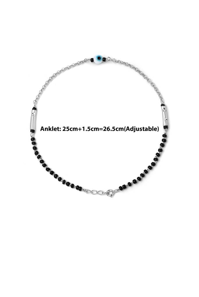 Silberry 925 Sterling Silver Ethereal Evil Eye Black Beads Pair Of Anklets : MSA22