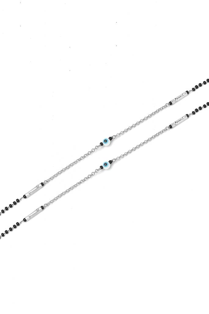 Silberry 925 Sterling Silver Ethereal Evil Eye Black Beads Pair Of Anklets : MSA22