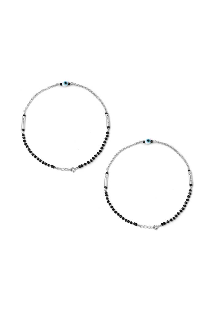 Silberry 925 Sterling Silver Ethereal Evil Eye Black Beads Pair Of Anklets : MSA22