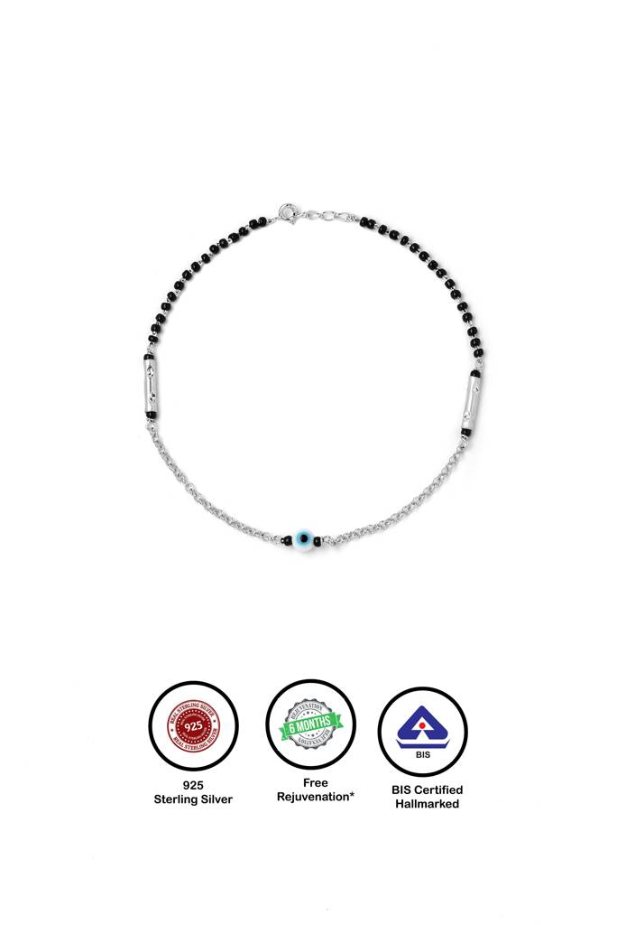 Silberry 925 Sterling Silver Ethereal Evil Eye Black Beads Pair Of Anklets : MSA22