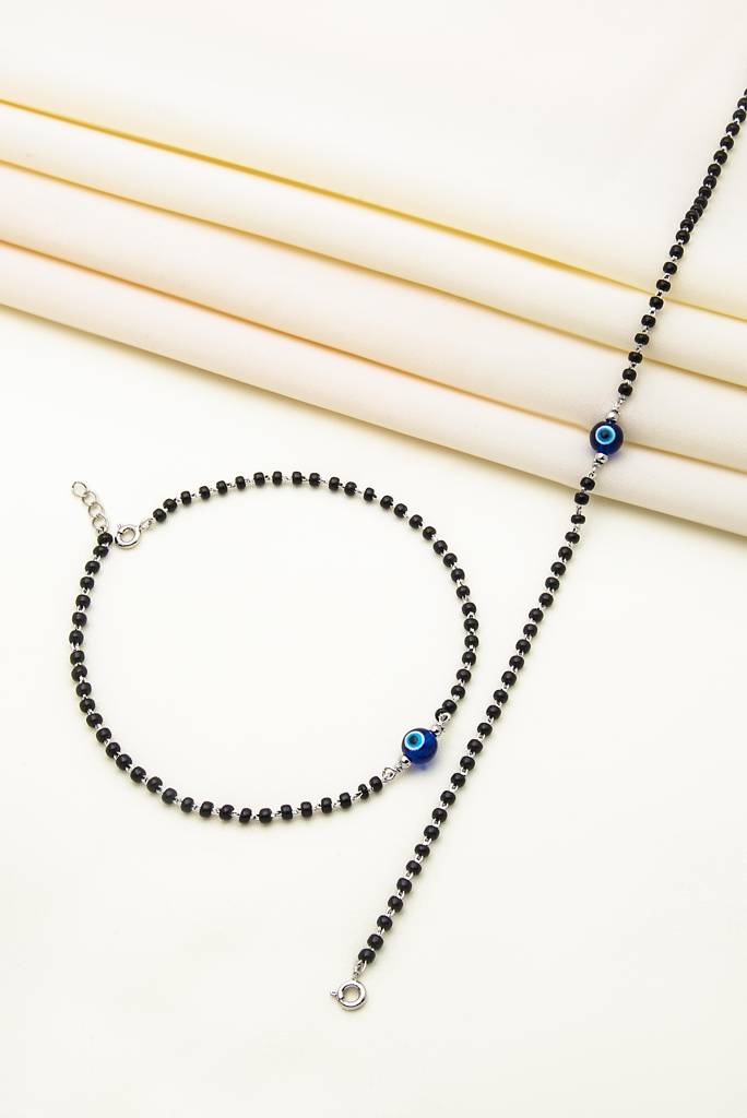 Silberry 925 Sterling Silver Holy Evil Eye Black Beads Pair Of Anklets : MSA27