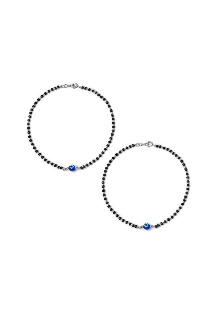 Silberry 925 Sterling Silver Holy Evil Eye Black Beads Pair Of Anklets : MSA27