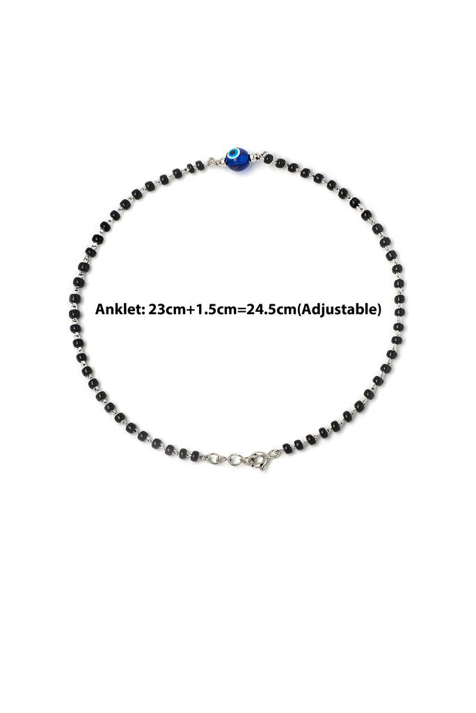 Silberry 925 Sterling Silver Holy Evil Eye Black Beads Pair Of Anklets : MSA27
