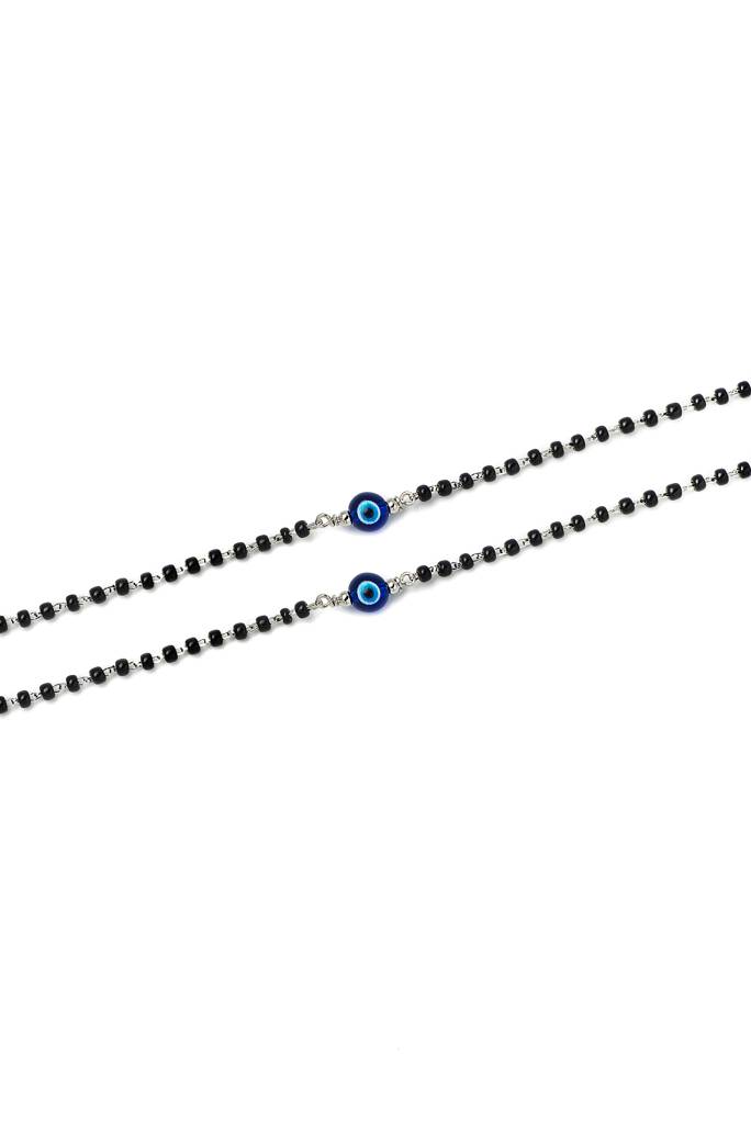 Silberry 925 Sterling Silver Holy Evil Eye Black Beads Pair Of Anklets : MSA27