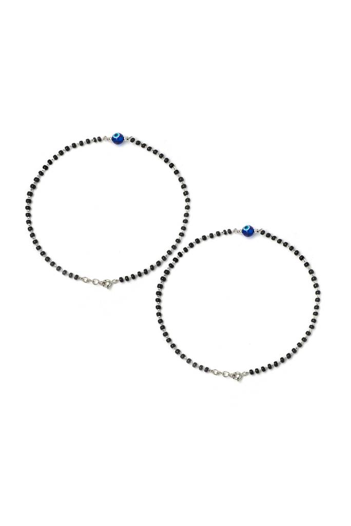 Silberry 925 Sterling Silver Holy Evil Eye Black Beads Pair Of Anklets : MSA27