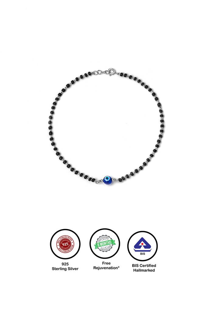 Silberry 925 Sterling Silver Holy Evil Eye Black Beads Pair Of Anklets : MSA27
