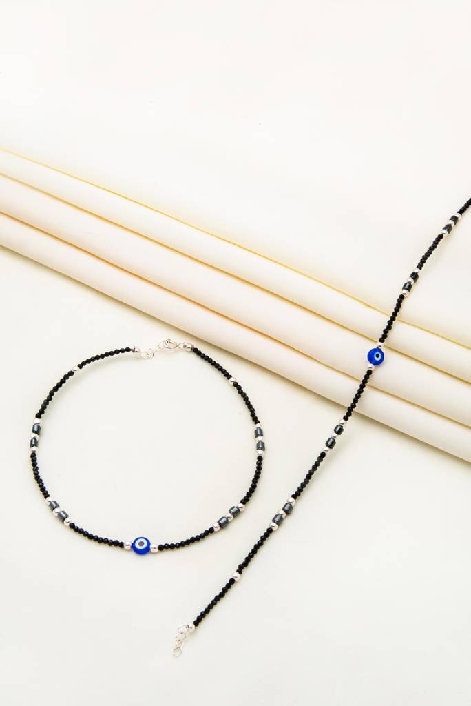 Silberry 925 Sterling Silver Divine Evil Eye Black Beads Pair Of Anklets : MSA7