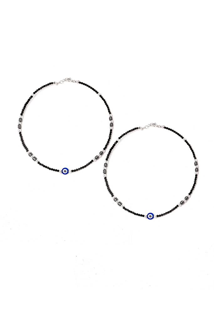 Silberry 925 Sterling Silver Divine Evil Eye Black Beads Pair Of Anklets : MSA7