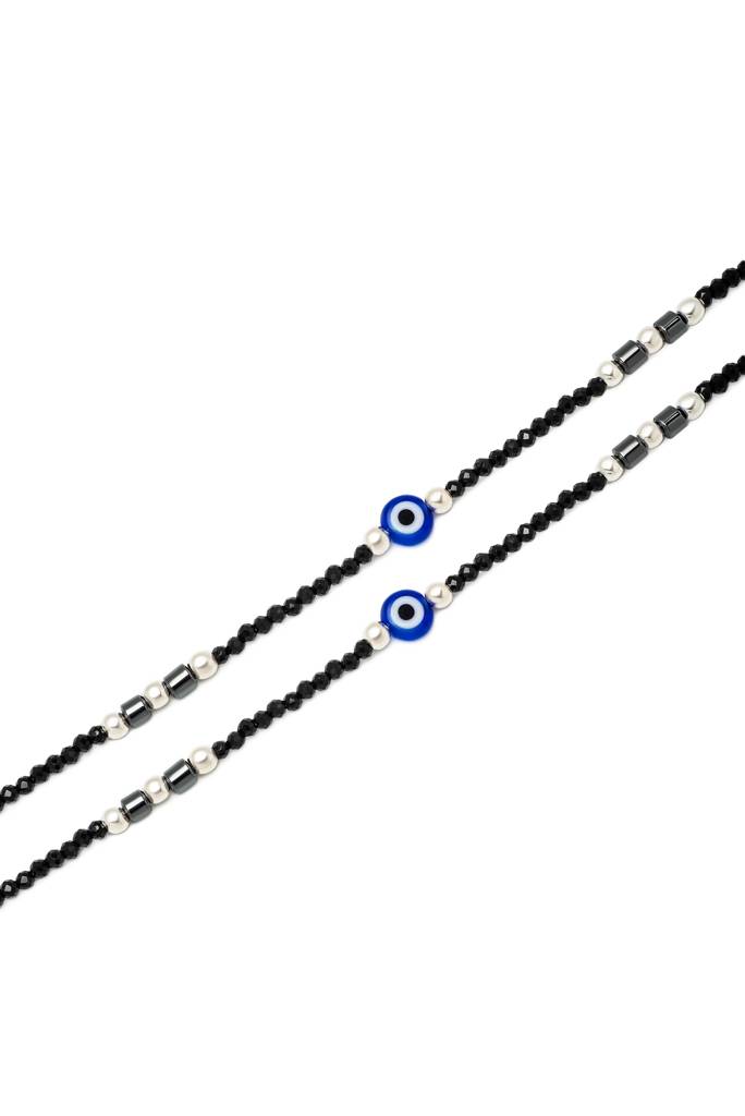 Silberry 925 Sterling Silver Divine Evil Eye Black Beads Pair Of Anklets : MSA7