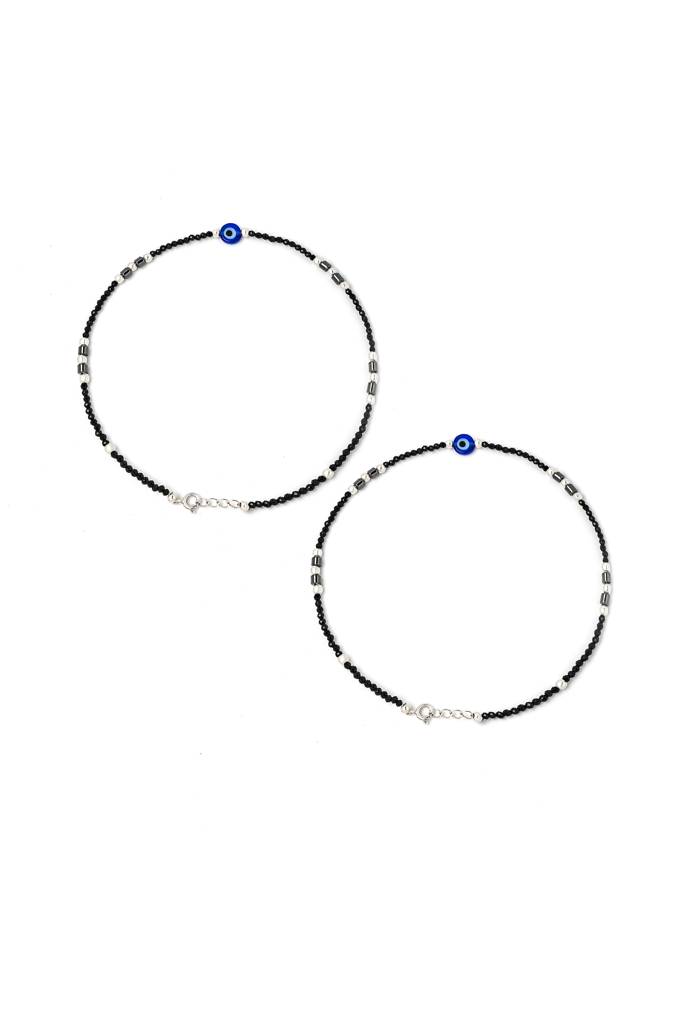 Silberry 925 Sterling Silver Divine Evil Eye Black Beads Pair Of Anklets : MSA7