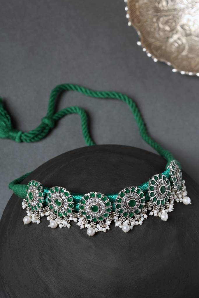 Green Onyx Floral Silver Choker : MSEPKPR26