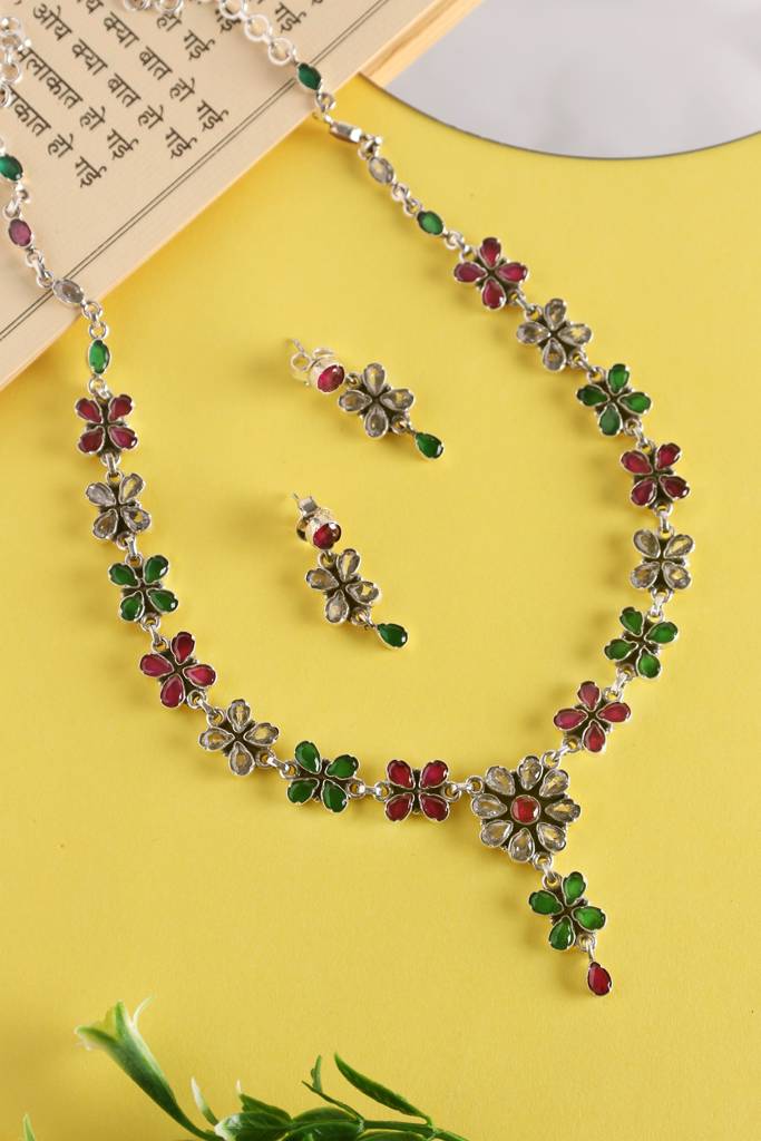 Green Pink Cz Silver Long Necklace Set : MSEPKPR28