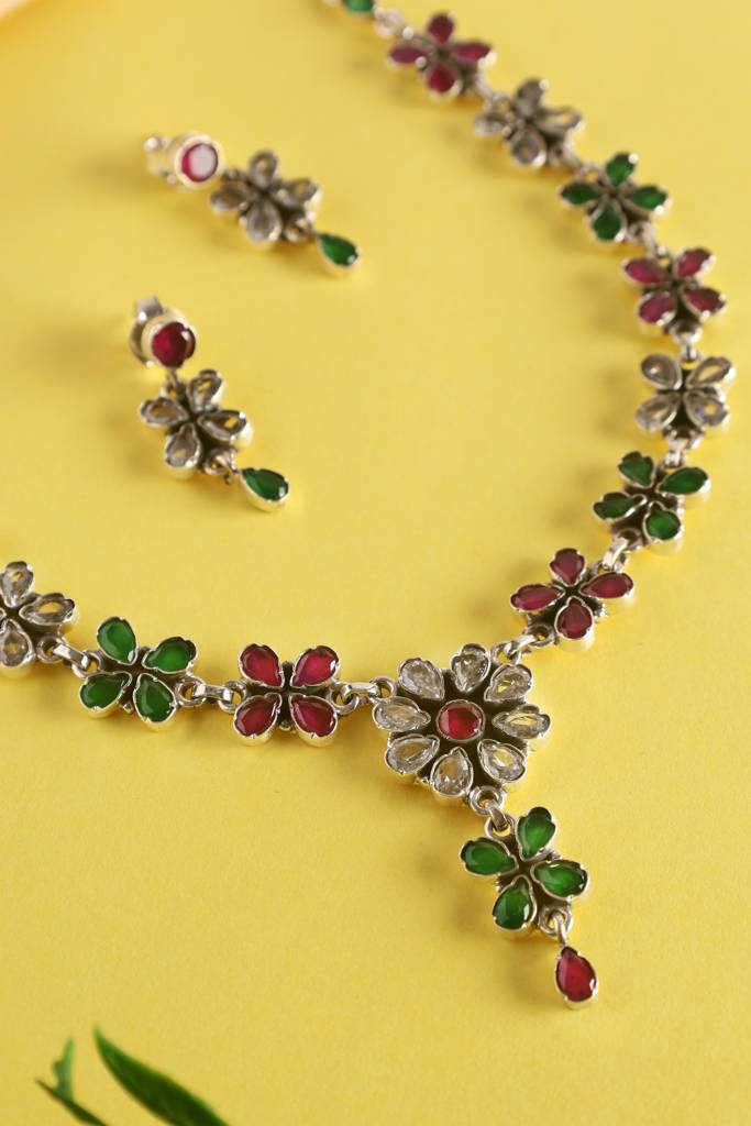 Green Pink Cz Silver Long Necklace Set : MSEPKPR28