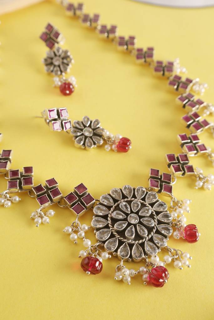 Cz Floral Long Necklace Set : MSEPKPR30