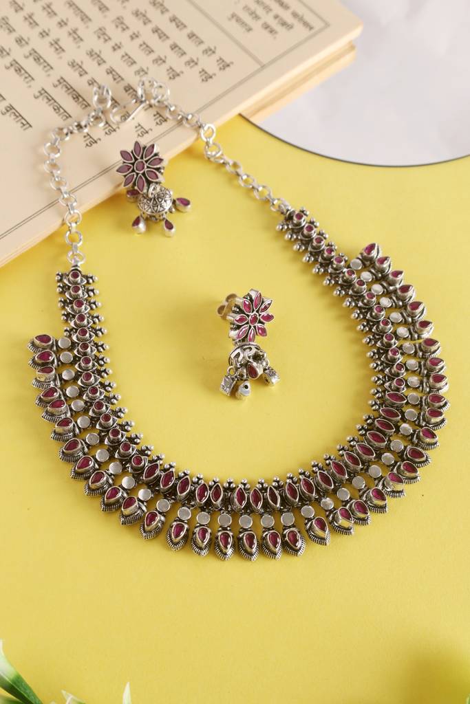 Ruby Drop Silver Short Necklace Set : MSEPKPR32