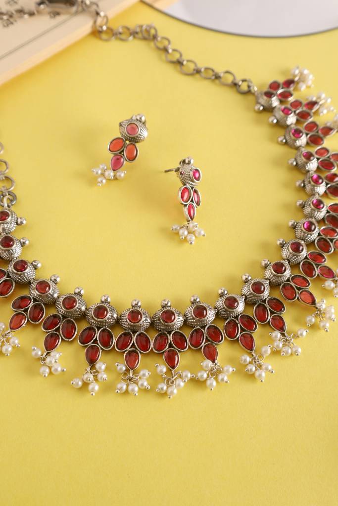 Onyx Silver Short Necklace Set : MSEPKPR34