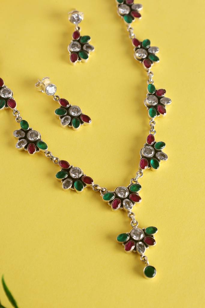 Green Red Silver Long Necklace Set : MSEPKPR35