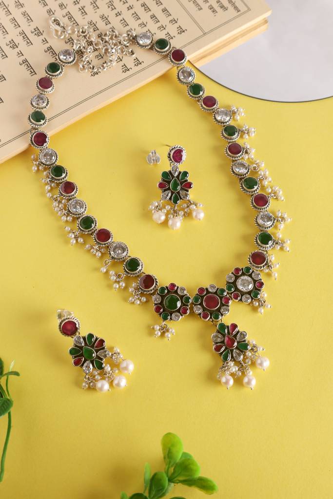 Green Red Onyx Pearl Long Necklace Set : MSEPKPR38