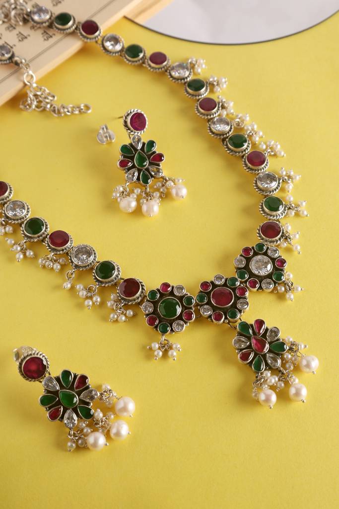 Green Red Onyx Pearl Long Necklace Set : MSEPKPR38