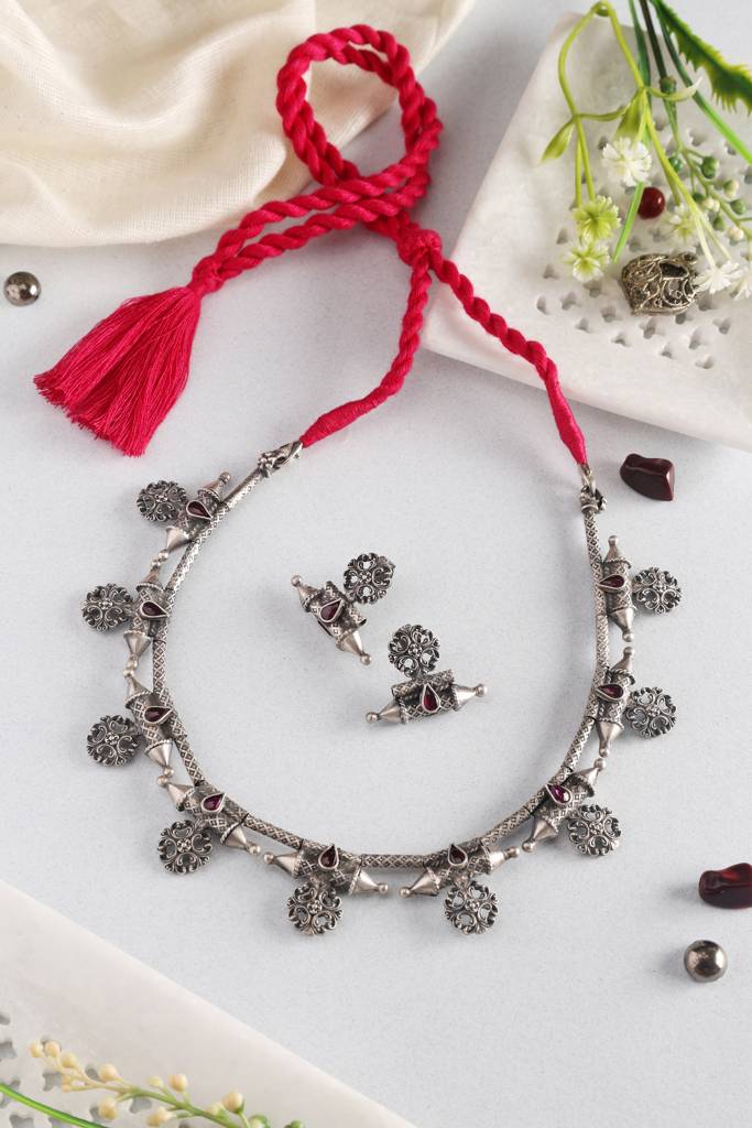 Silver Spoke Kempstones Necklace Set : MSEPKPR4