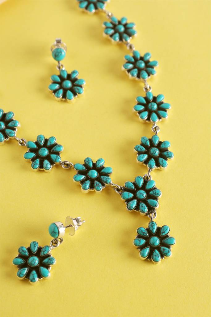 Turquoise Long Silver Necklace Set : MSEPKPR45