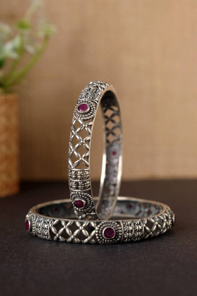 Temple Red Silver Bangles : MSEPKPR68