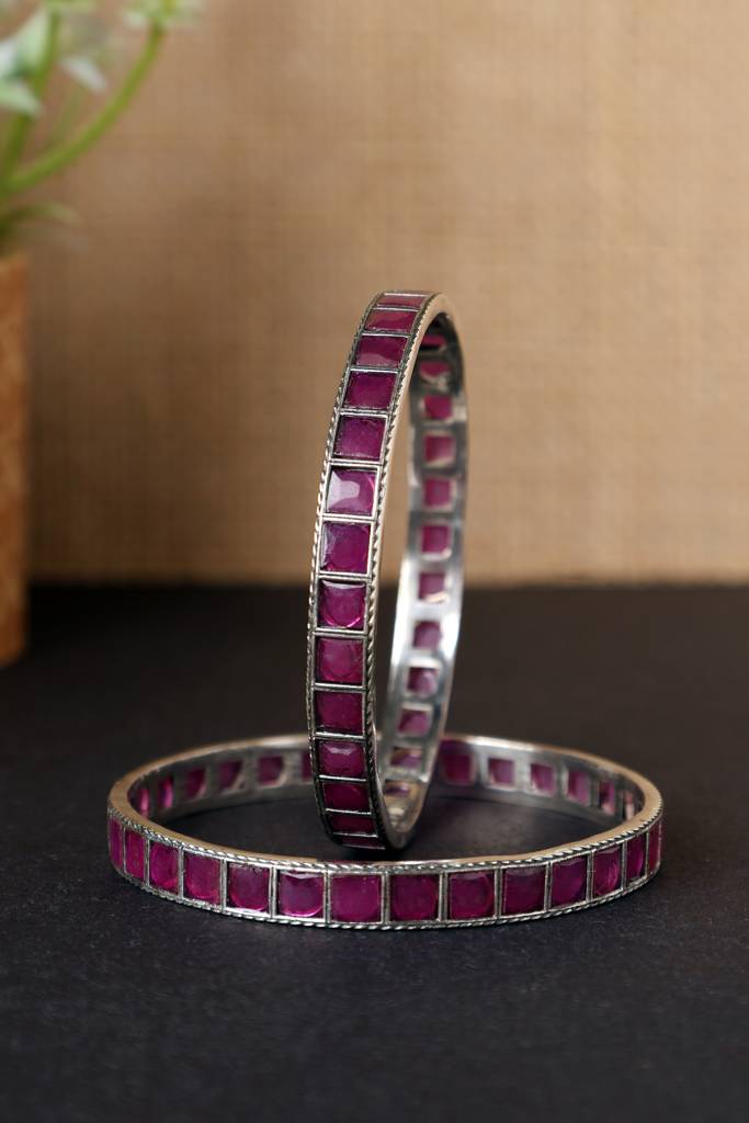 Pink Onyx Temple Silver Bangles : MSEPKPR70