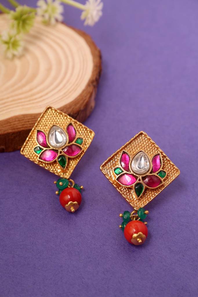 Lotus Kundan Silver Earrings Sterling Silver Gold