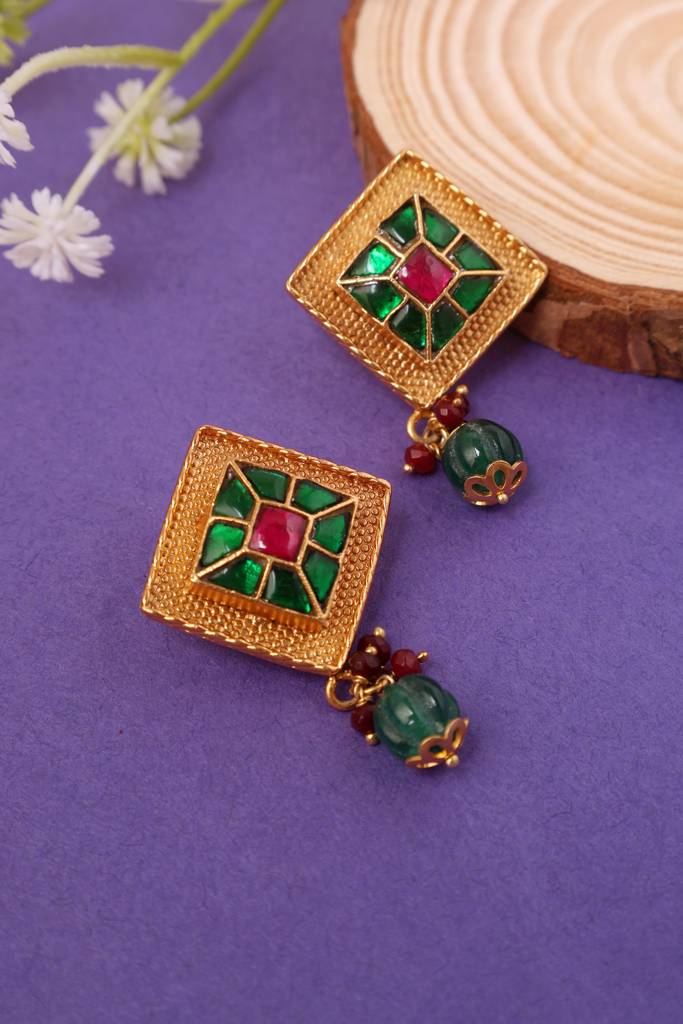 Red Green Kundan Gold Plated Earrings Red Green Kundan Gold