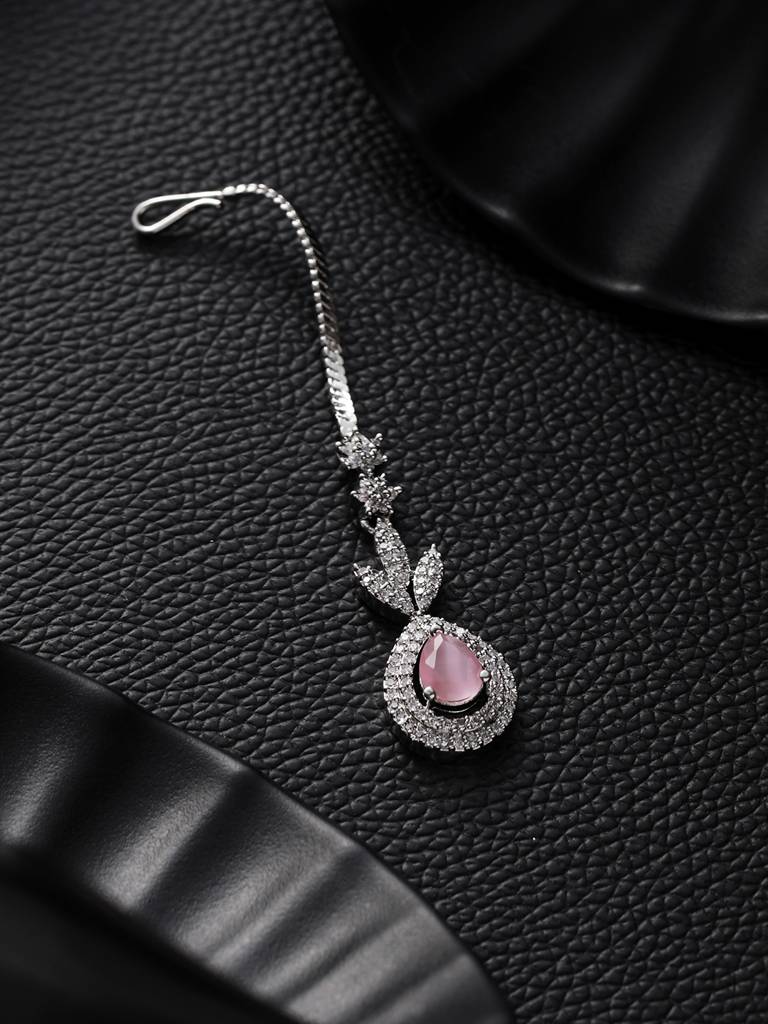 Silver-Plated Ad Studded Teardrop Shaped Maang Tika : MTK-JS22-11024