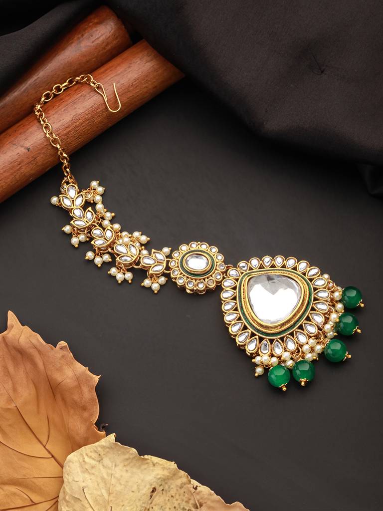 Women Gold-Plated Green Kundan Studded Maang Tikka Head Jewellery : MTK-JS24-11072