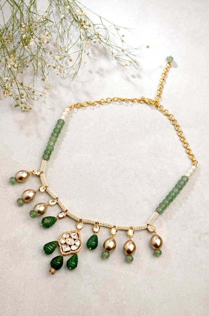 White & Green Polki Necklace