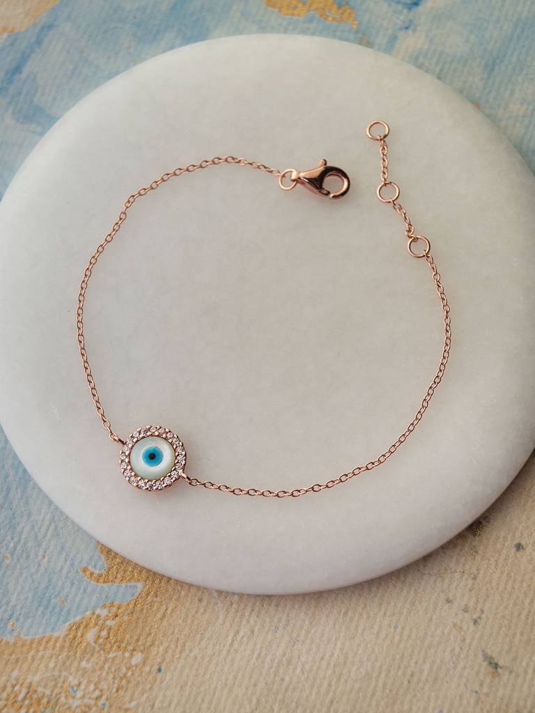 Mannash Halo Evil Eye Rose Gold Plated 925 Sterling Silver Chain Bracelet