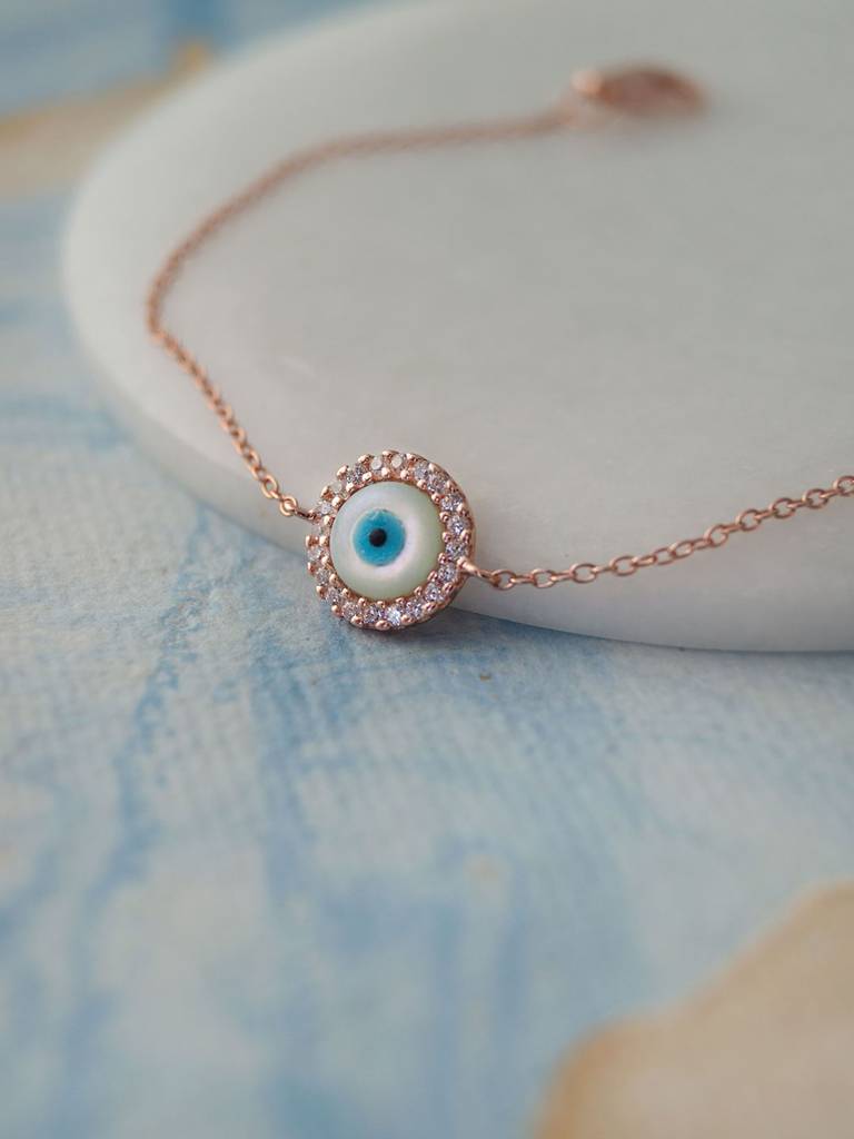 Mannash Halo Evil Eye Rose Gold Plated 925 Sterling Silver Chain Bracelet