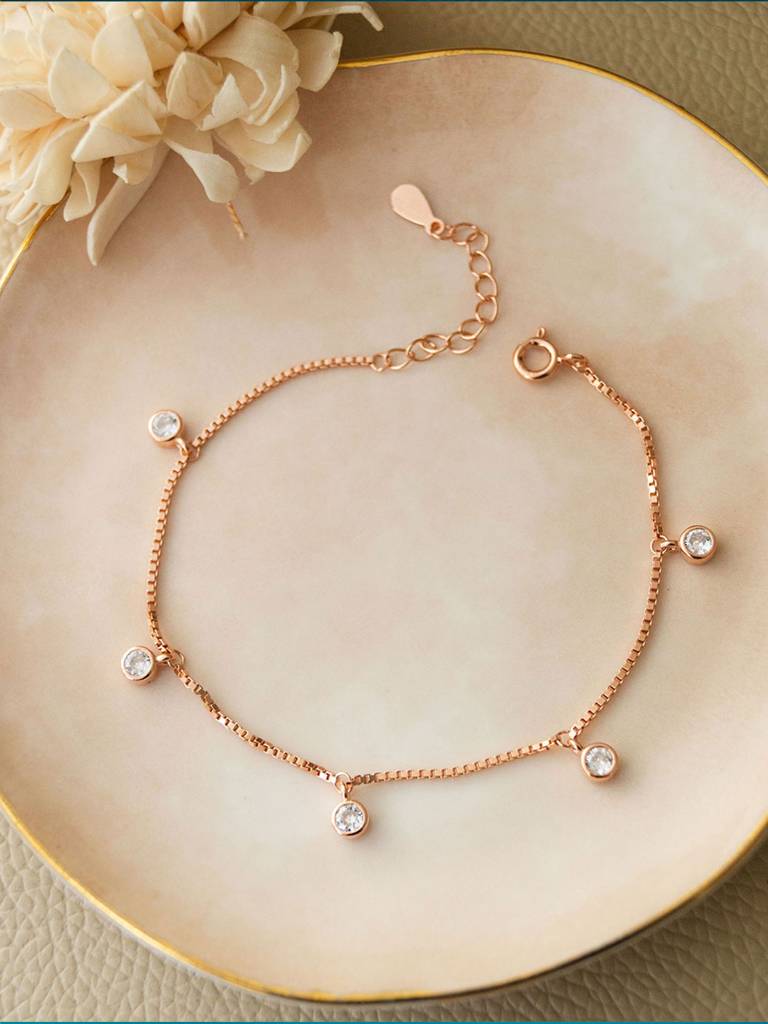 Charming Solitaire Charms Rose Gold Plated Sterling Silver Chain Bracelet : MZRBC552D1314