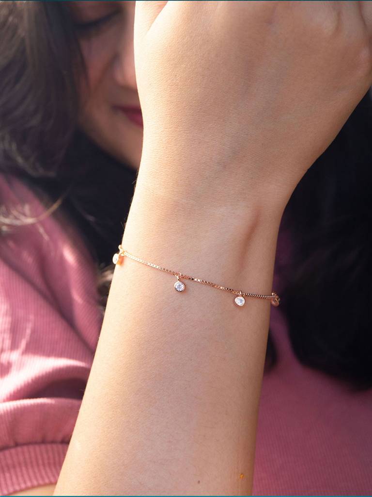 Charming Solitaire Charms Rose Gold Plated Sterling Silver Chain Bracelet : MZRBC552D1314