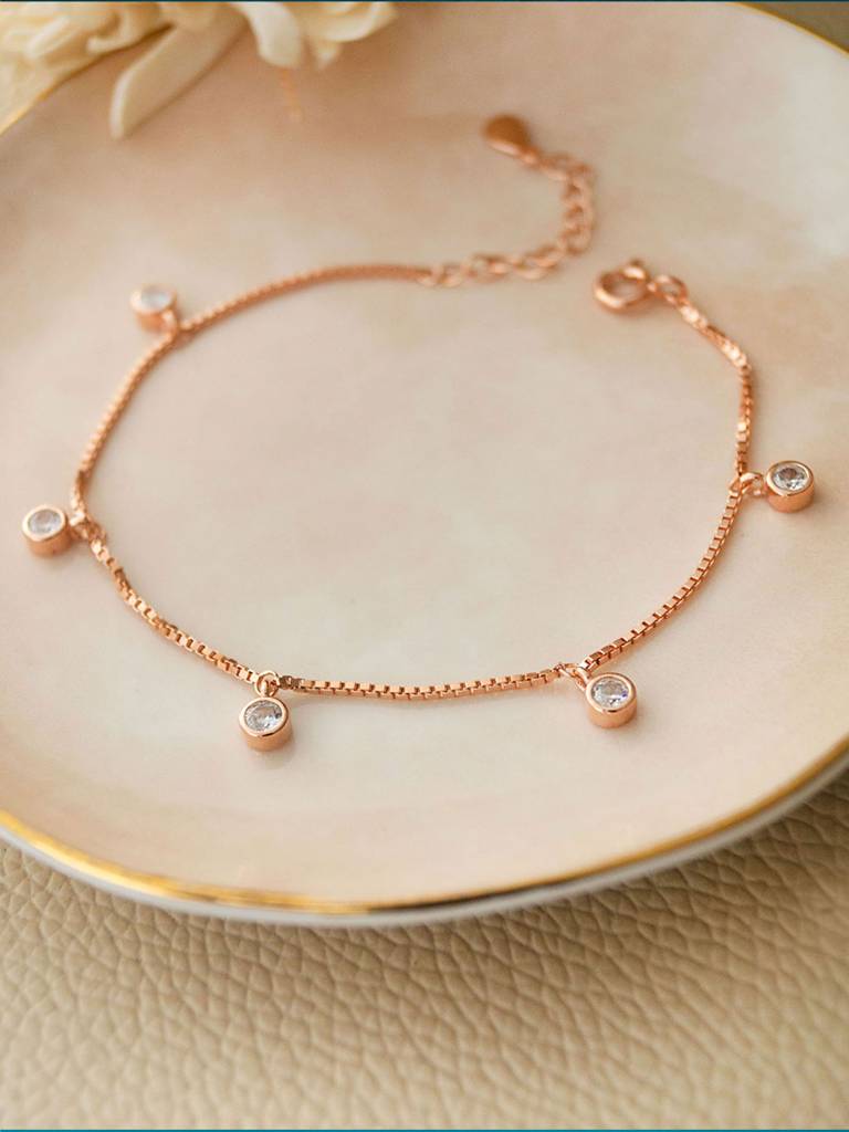Charming Solitaire Charms Rose Gold Plated Sterling Silver Chain Bracelet : MZRBC552D1314