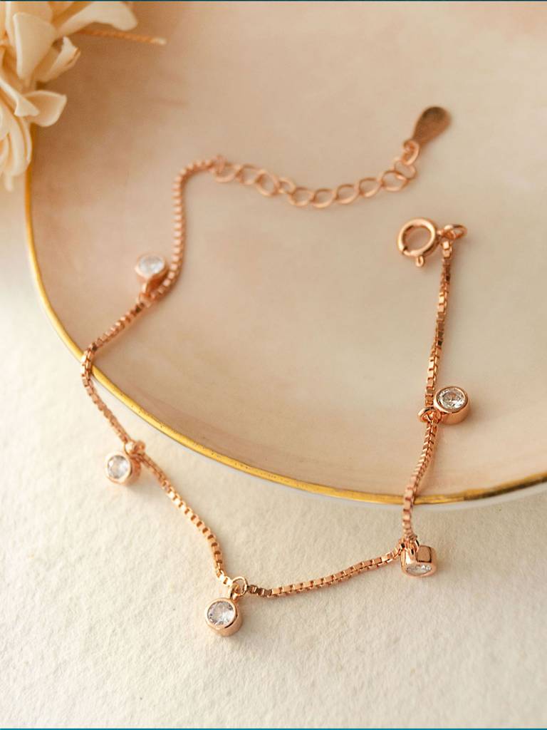 Charming Solitaire Charms Rose Gold Plated Sterling Silver Chain Bracelet : MZRBC552D1314