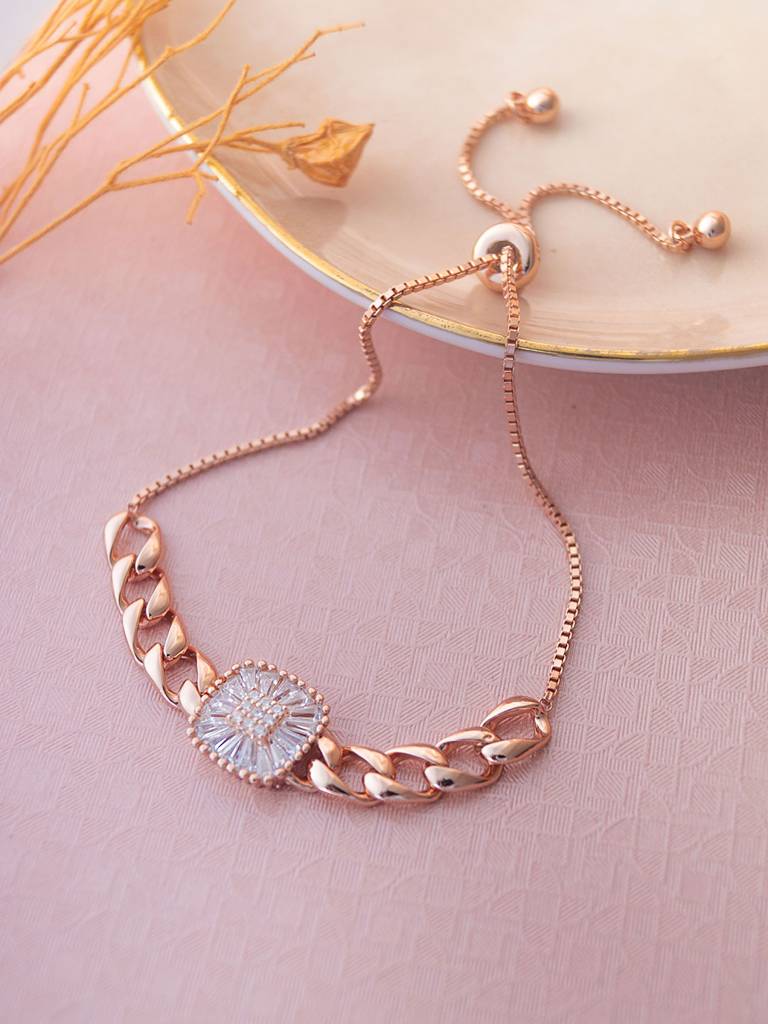 Elegant Cuban Rose Gold Plated Chain Sterling Silver Pull Chain Adjustable Bracelet : MZRBP683D1654