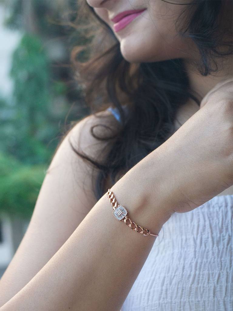 Elegant Cuban Rose Gold Plated Chain Sterling Silver Pull Chain Adjustable Bracelet : MZRBP683D1654