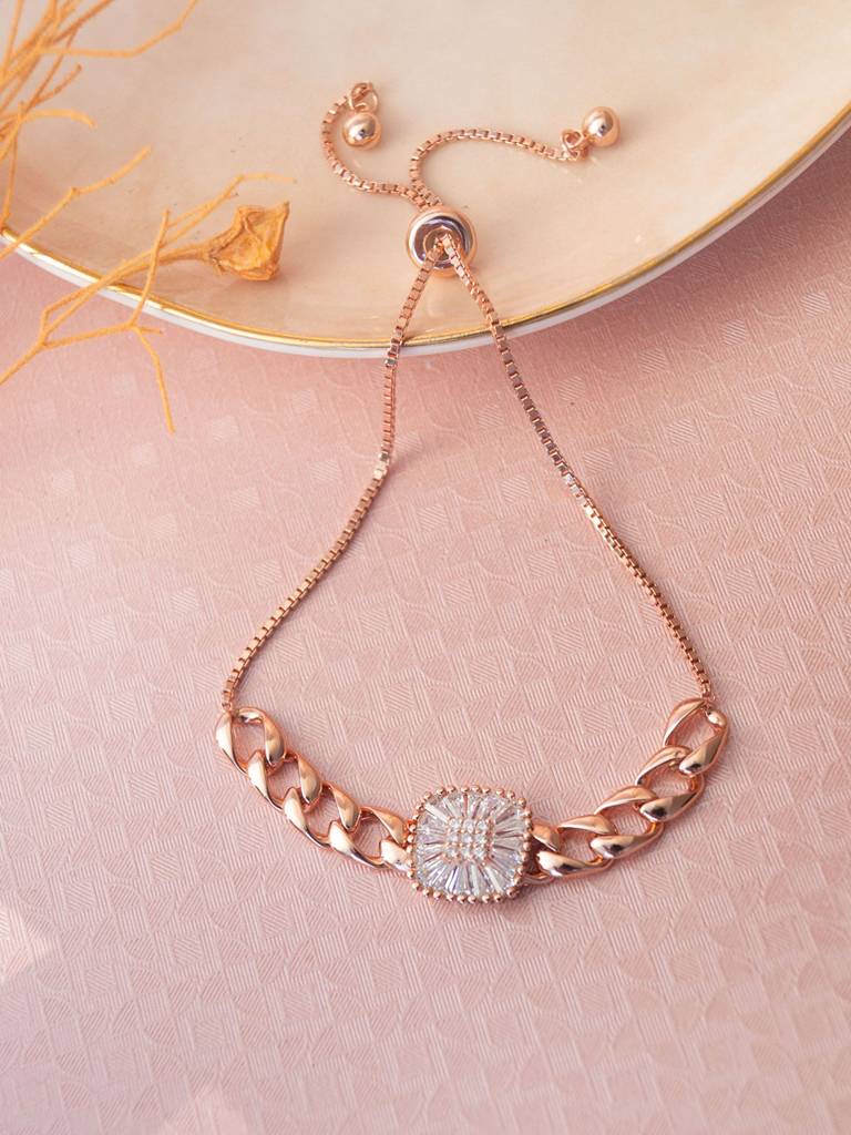 Elegant Cuban Rose Gold Plated Chain Sterling Silver Pull Chain Adjustable Bracelet : MZRBP683D1654