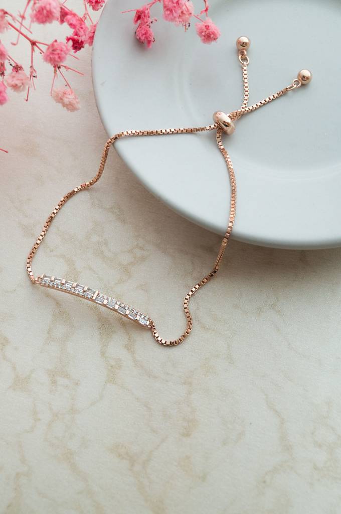 Baguetty Bar Rose Gold Plated Sterling Silver Adjustable Bracelet : MZRBP780D1833