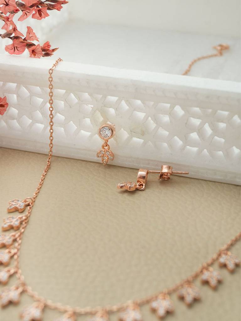 Mannash Charming Leaves Rose Gold Plated Sterling Silver Drop Earrings : MZRED848D1971