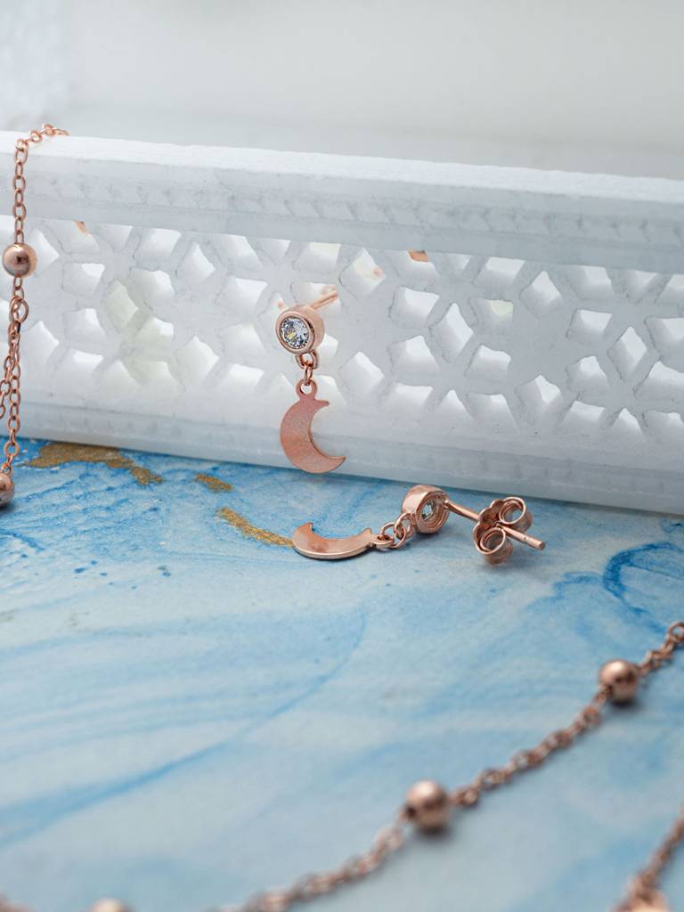 Stars & Moon Charms Rose Gold Plated Sterling Silver Stud Earrings : MZRED850D1975