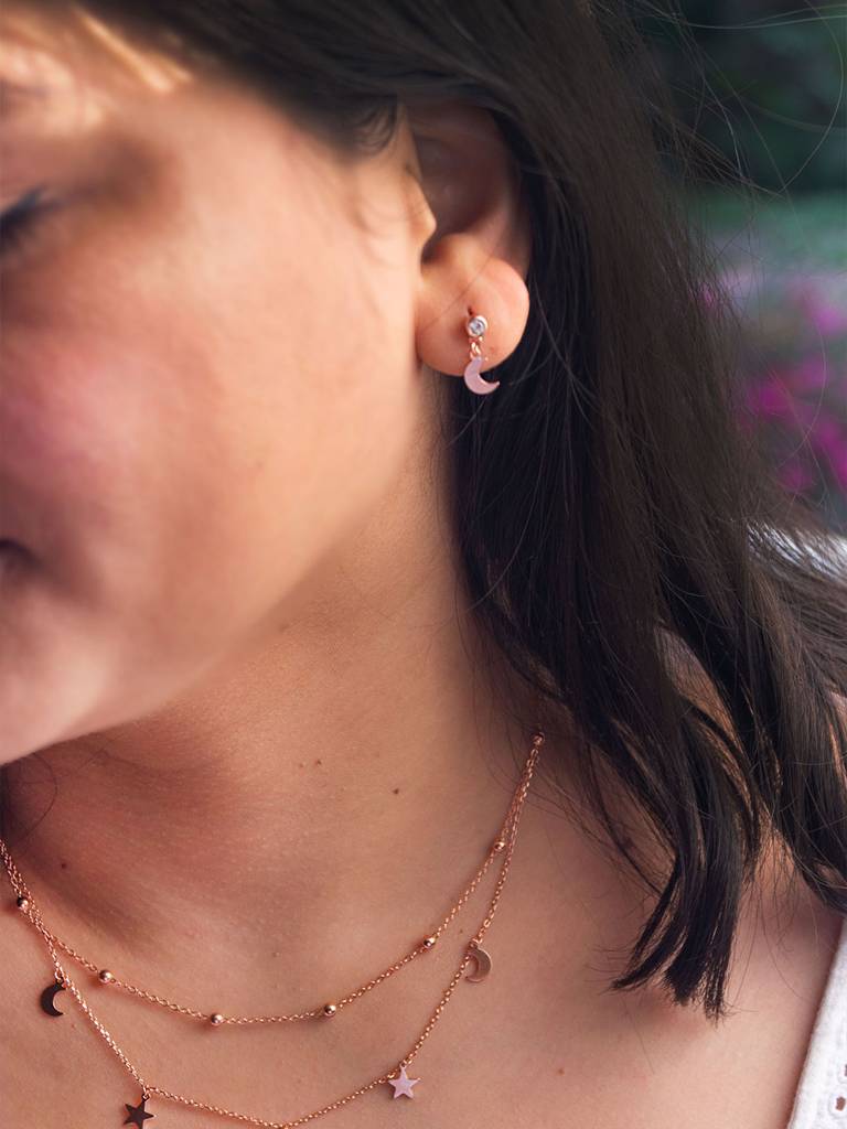 Stars & Moon Charms Rose Gold Plated Sterling Silver Stud Earrings : MZRED850D1975