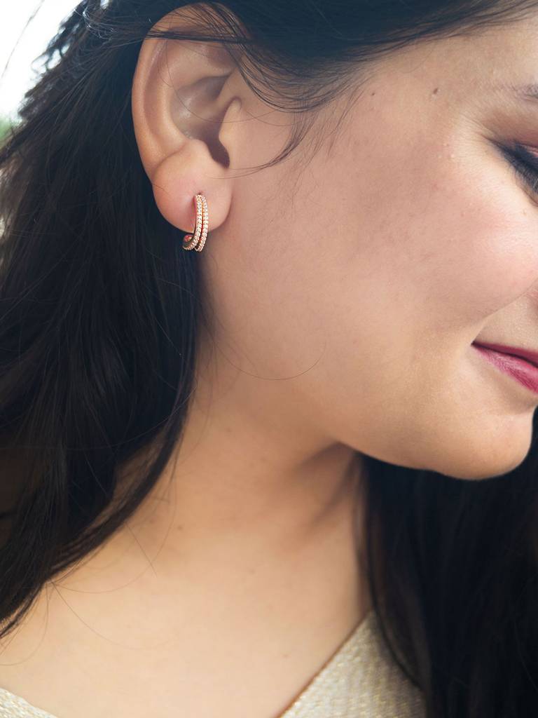 Shining Dual Glam Gold Plated Sterling Silver French Hoop Earrings : MZREH614D1468