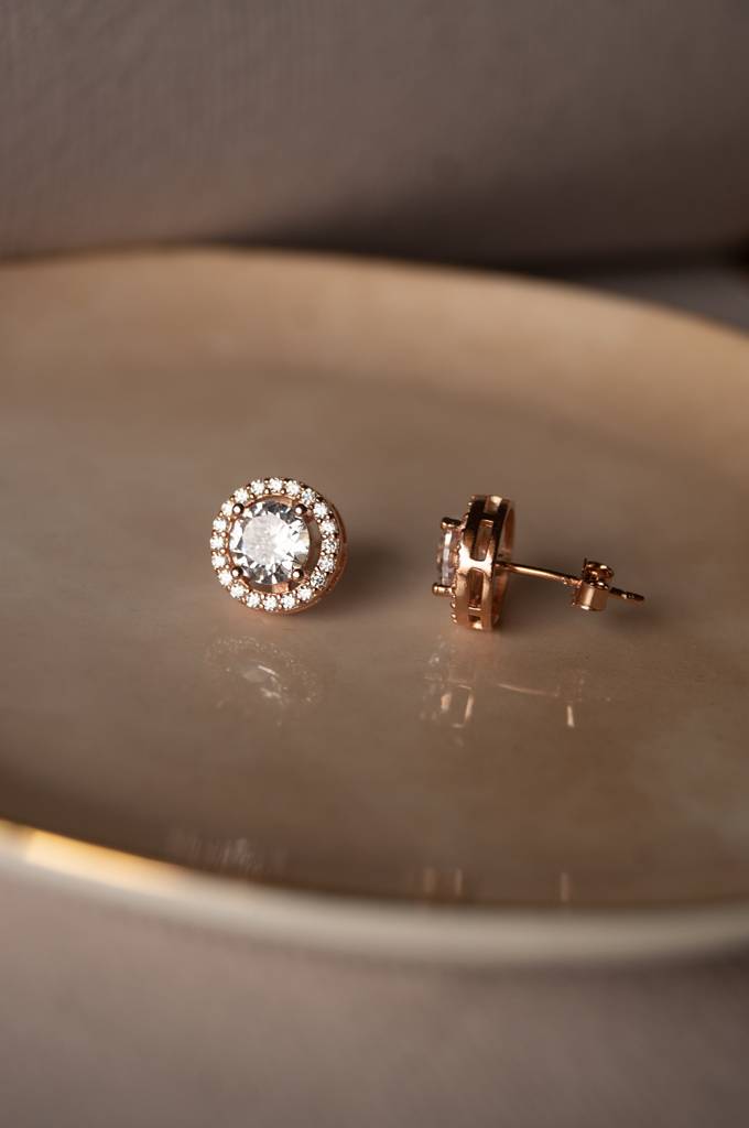 Mannash Halo Solitaire Rose Gold Plated Sterling Silver Earrings : MZRES122D211
